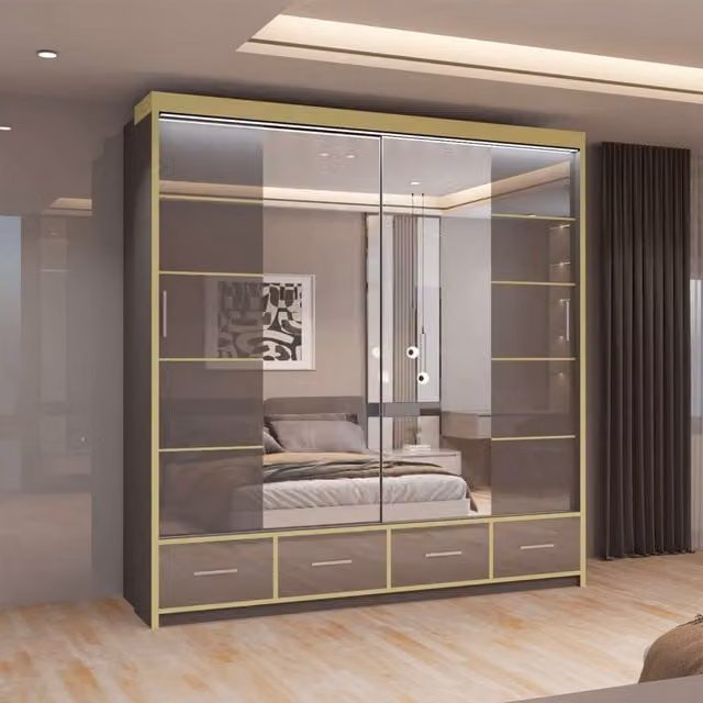 MN Furniture High Gloss Sliding Mirror Wardrobe with LED Lighting and Integrated Drawers in Grey and Gold, W: 203 cm, H: 220 cm