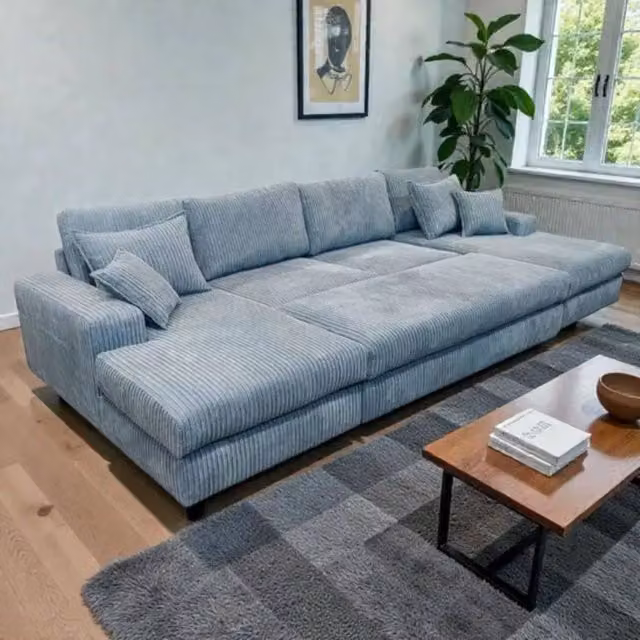 Snug Furniture Birmingham Ltd Large Double Corner L-Shape Sofa with Matching Ottoman and Scatter Cushions in Blue Jumbo Cord