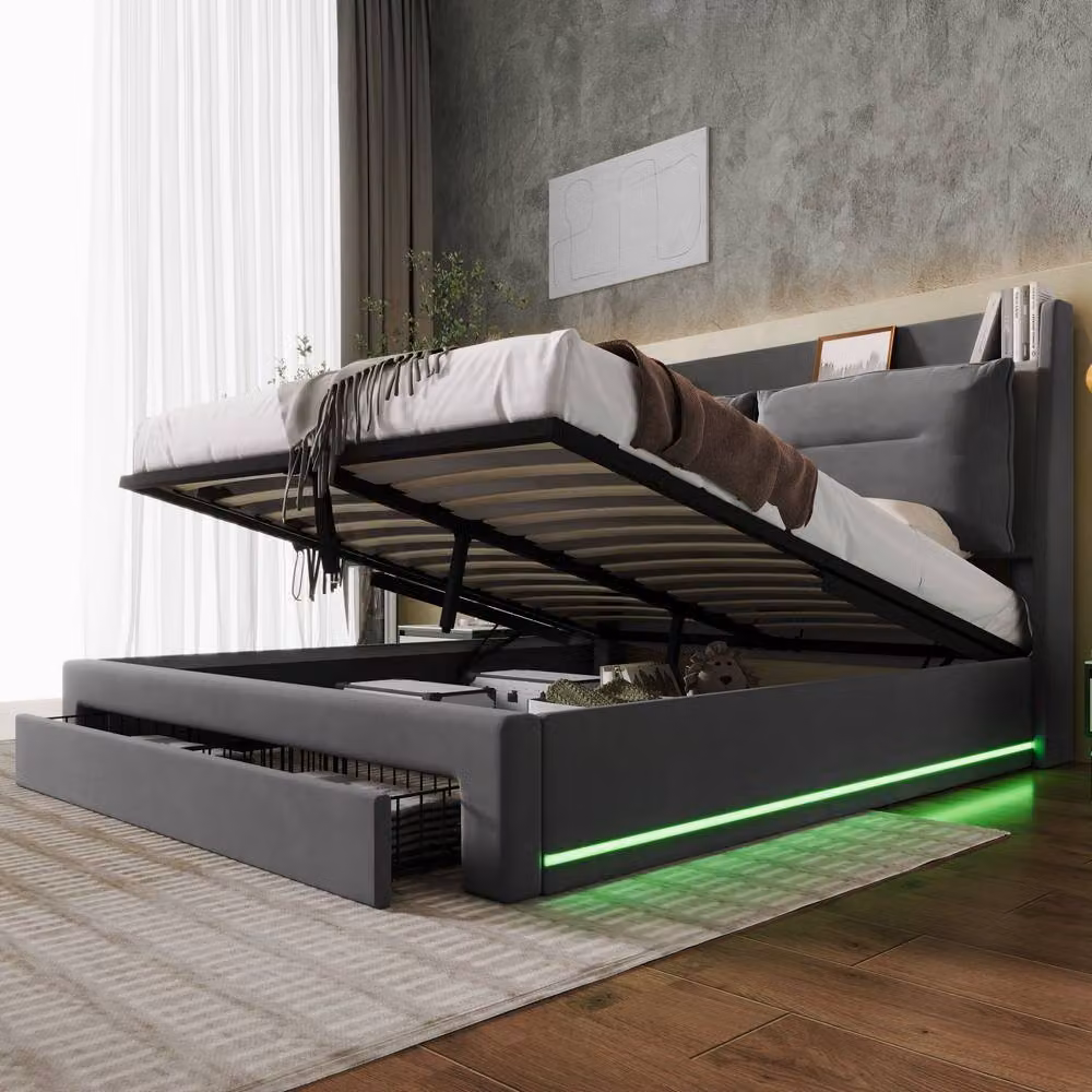 BTM Dark Grey Velvet Double Hydraulic Bed with LED Under-Bed Lighting and Storage – 6