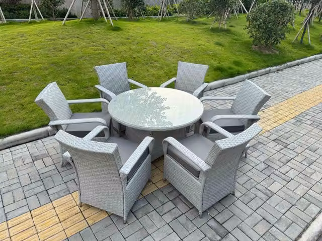 Fimous Rattan Garden Furniture Set with Round Glass Top Table and 6 Chairs in Grey