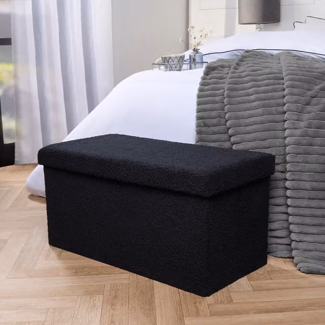 OHS Large Boucle Ottoman Storage Box and Footstool in Black, W/D/H: 40 x 40 x 40 cm – 1