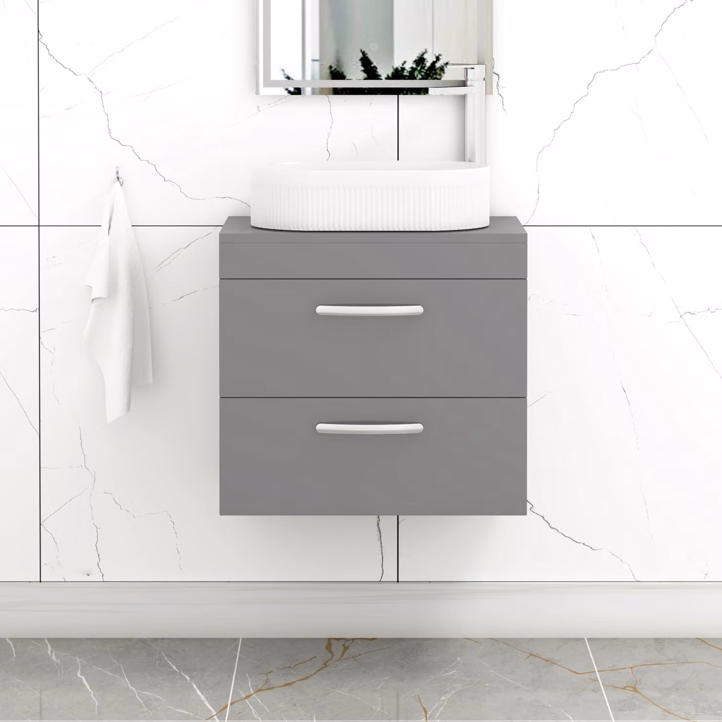 Royal Bathrooms Turin 500mm Wall Hung Vanity Unit with 2 Drawers and Countertop Basin in Indigo Grey Gloss