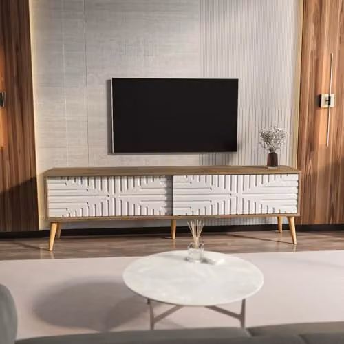 DECOROTIKA Riso Modern TV Stand with Sliding MDF Doors and Solid Wood Legs, White and Brown, W: 180 cm, H: 54 cm, D: 35 cm – 2