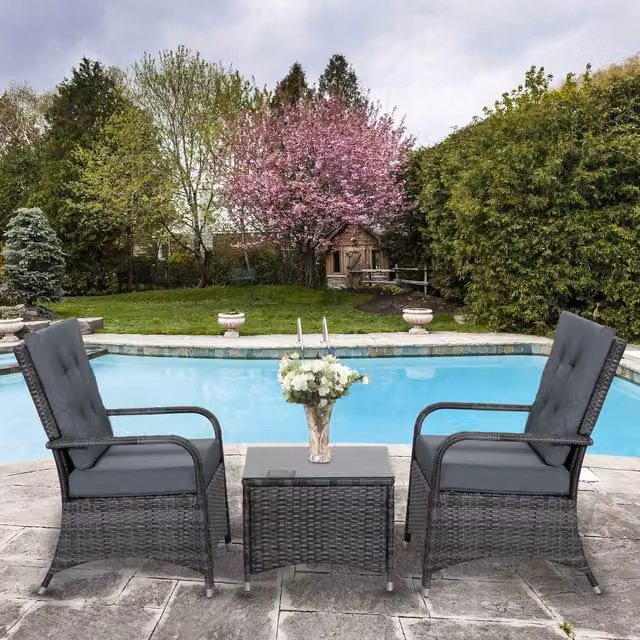 Outsunny 3 Piece Modern Rattan Bistro Garden Furniture Set in Grey