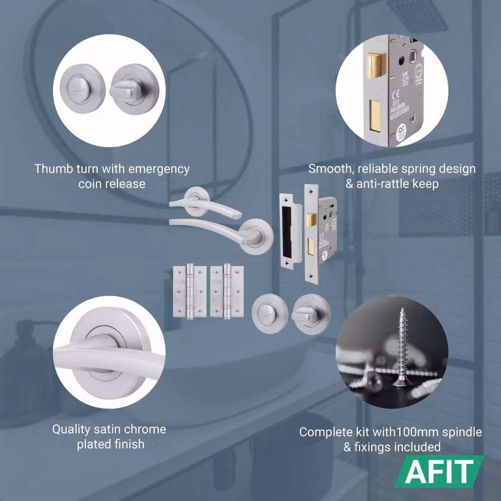 AFIT Satin Chrome Bathroom Door Handle and Rosette Set with Hinges, 2 Pack, Silver – 2