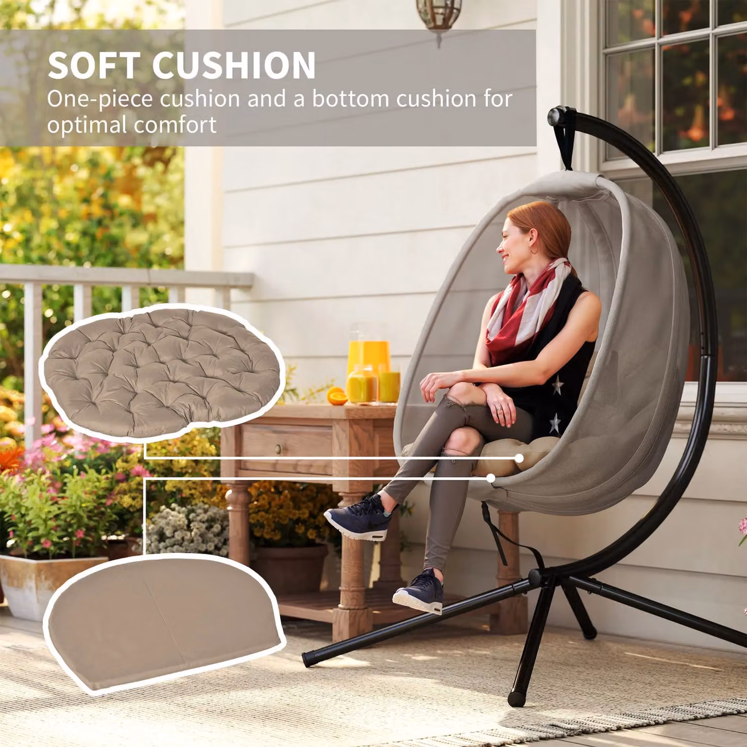 Outsunny Hanging Egg Chair with Metal Stand in Beige and Brown – 3