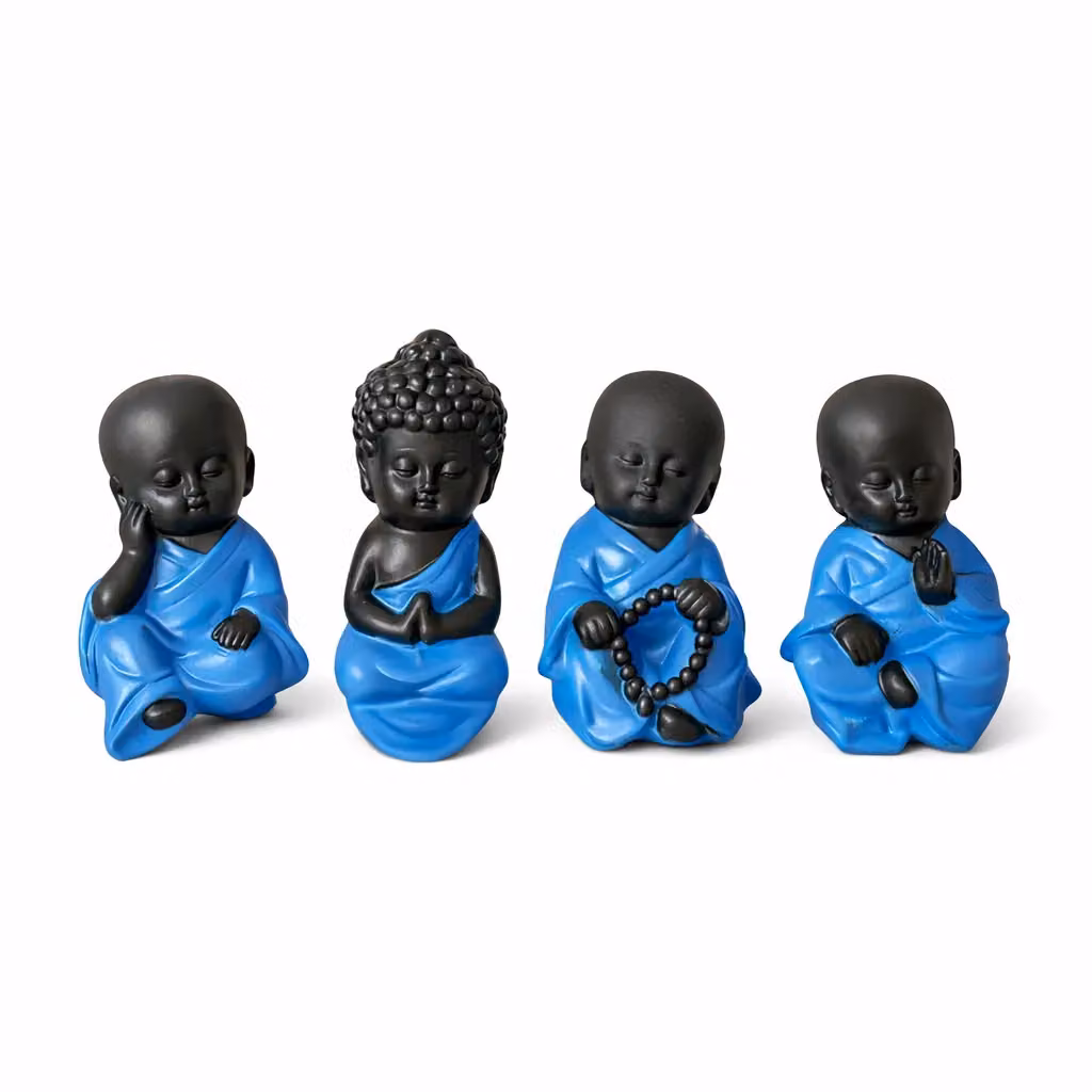 Marco Paul Set of 4 Mini Sitting Lucky Buddha Blue Ceramic Tabletop Ornaments – 3