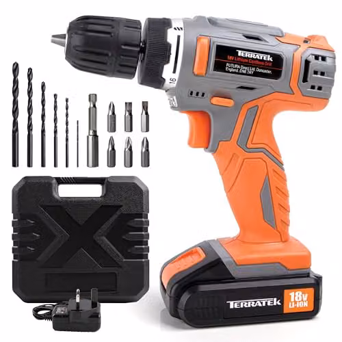 Terratek 18V Cordless Drill and Screwdriver Set with 13pc Kit, Rechargeable Battery and Case in Grey and Orange