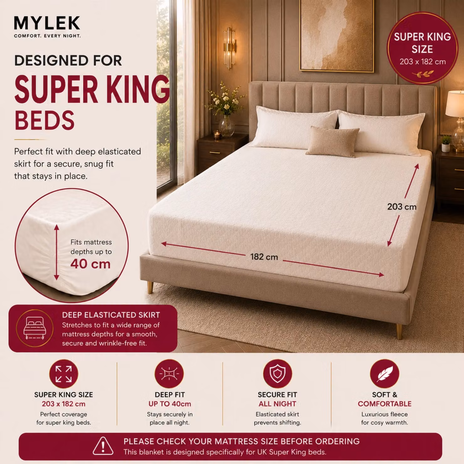 MYLEK Super King Electric Heated Fitted Mattress Cover, Off-White, 200 x 200 cm – 2