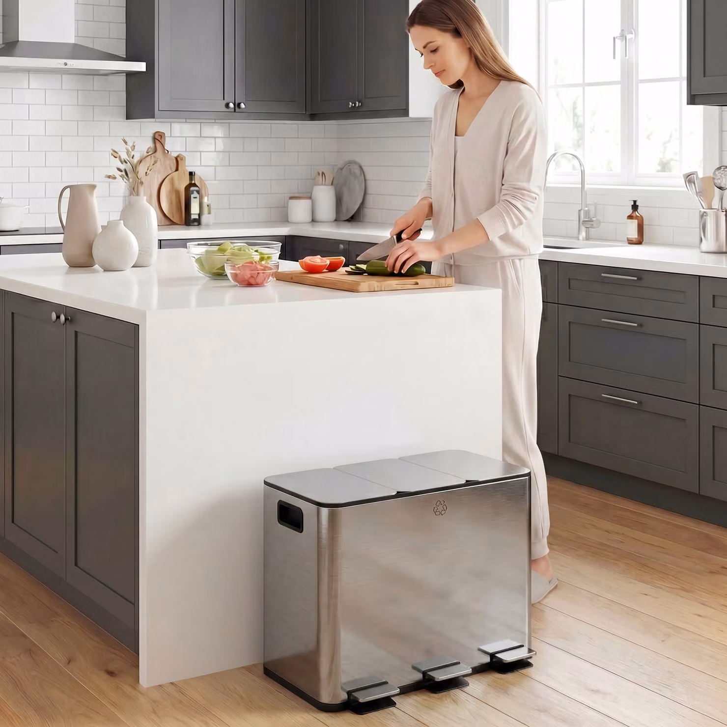HOMCOM Triple Kitchen Pedal Bin, 3 x 20L Stainless Steel Silver Tone with Soft Close Lids and Removable Inner Buckets – 7