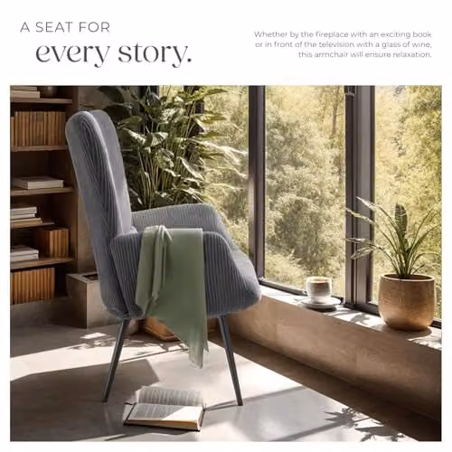 tectake Hygge Corduroy Armchair in Scandinavian Style with Foam Padding and Metal Frame, Anthracite/Black/Grey – 5