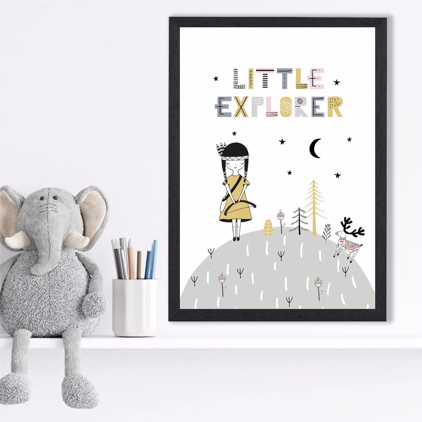 ARTZE Cute Little Explorer Scandi Quote Framed Print, Pink and Multicolour, A2 – 2
