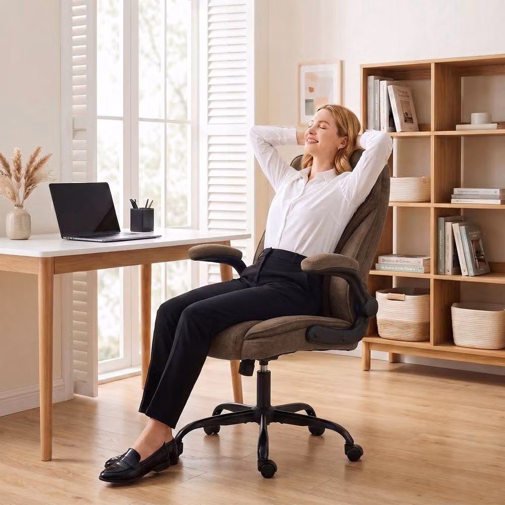 Rolipo Ergonomic Brown Fabric Office Chair with Flip-Up Armrests and Adjustable Height – 10
