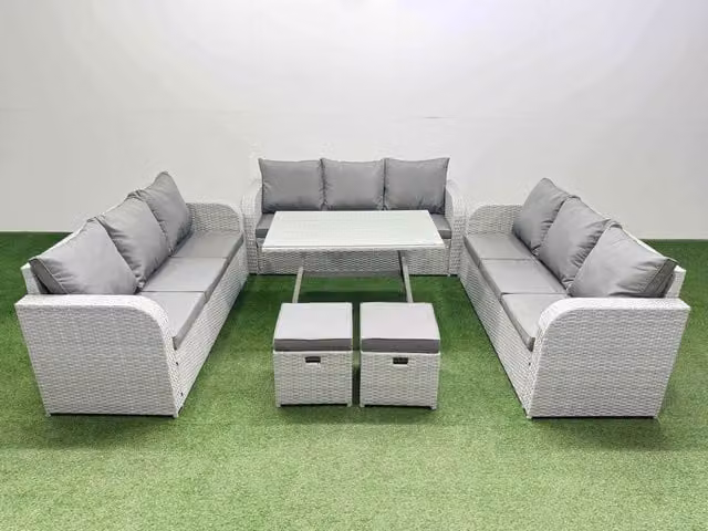 Fimous 11 Seat PE Rattan Garden Furniture Set with 2 Small Stools in Light Grey