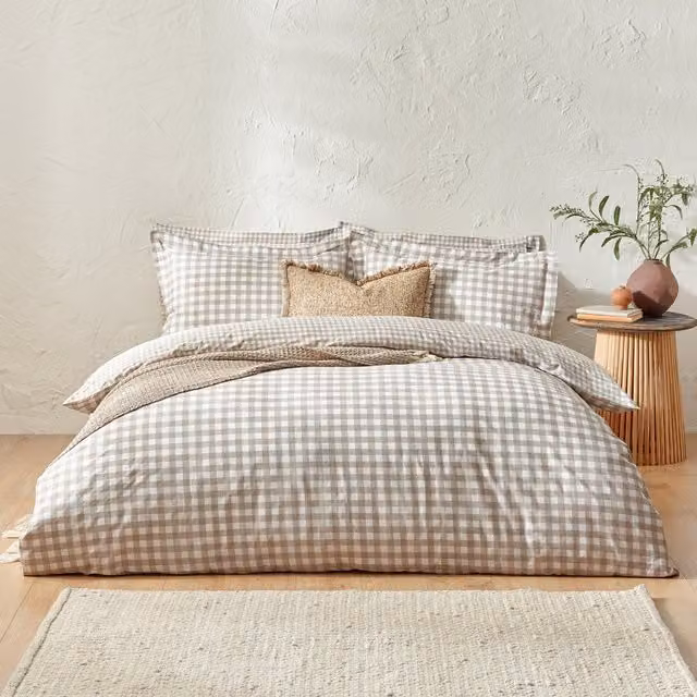 Make it a Home Barton Gingham Check Cotton Duvet Cover and Pillowcase Set, Beige and Yellow, W: 90 cm x L: 200 cm