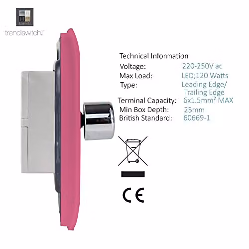 Trendi Switch 4 Gang 1 or 2 Way 150w Rotary LED Dimmer Light Switch in Pink – 2