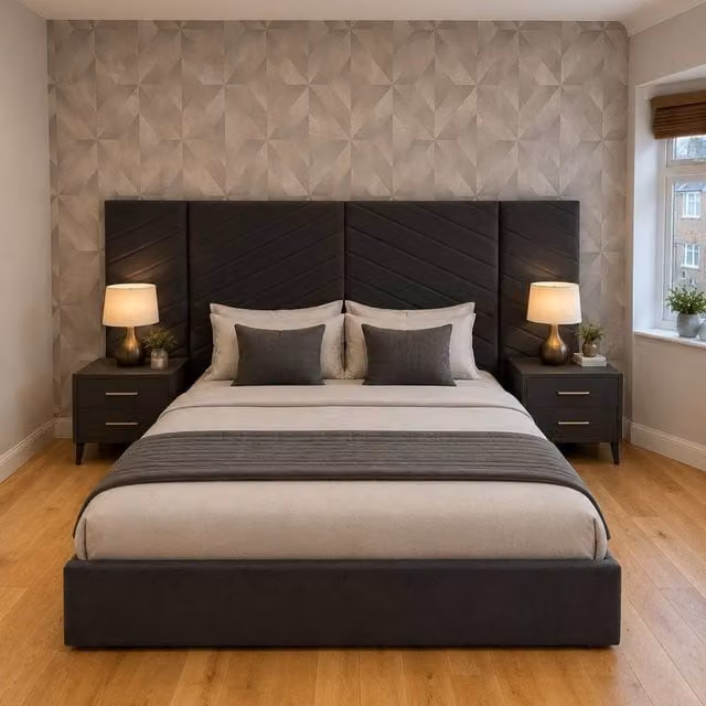 Stratus Interiors Atlas Designer Upholstered Bed Frame with Gold and Silver Trim in Dark Grey, King Size