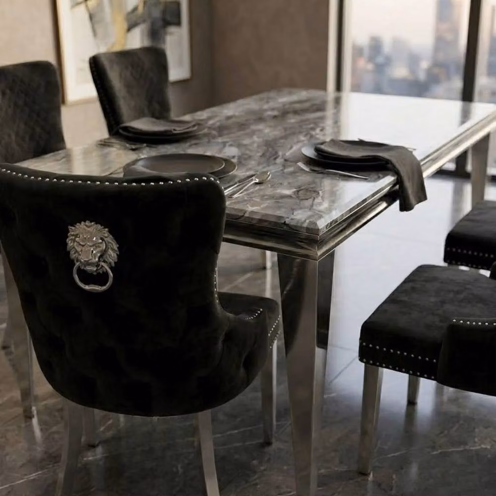 HOME LUXE INTERIOR Sofia Grey Marble Dining Table and 4 Victoria Black and Silver Chairs – 5