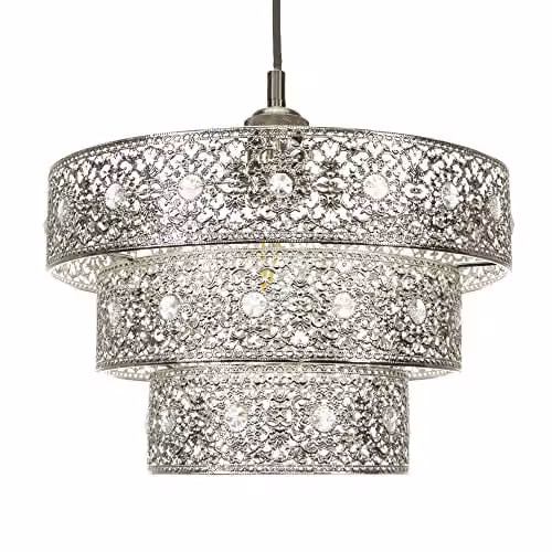 Happy Homewares Moroccan Style Triple Tier Ornate Pendant Light Shade in Polished Silver with Transparent Sparkly Beads, Diameter: 30 cm