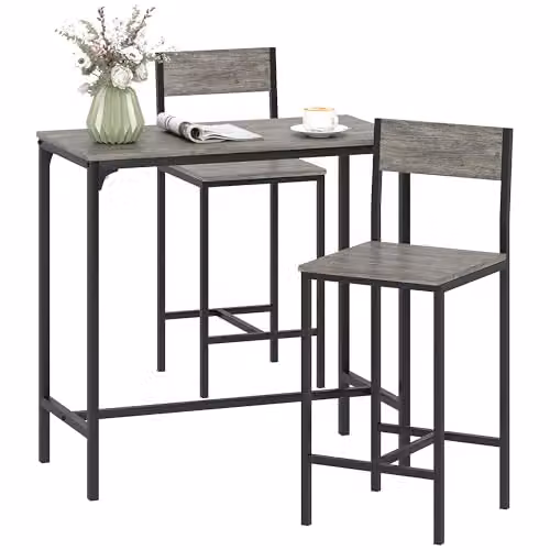 HOMCOM 3-Piece Industrial Bar Table and Stools Set in Grey and Black
