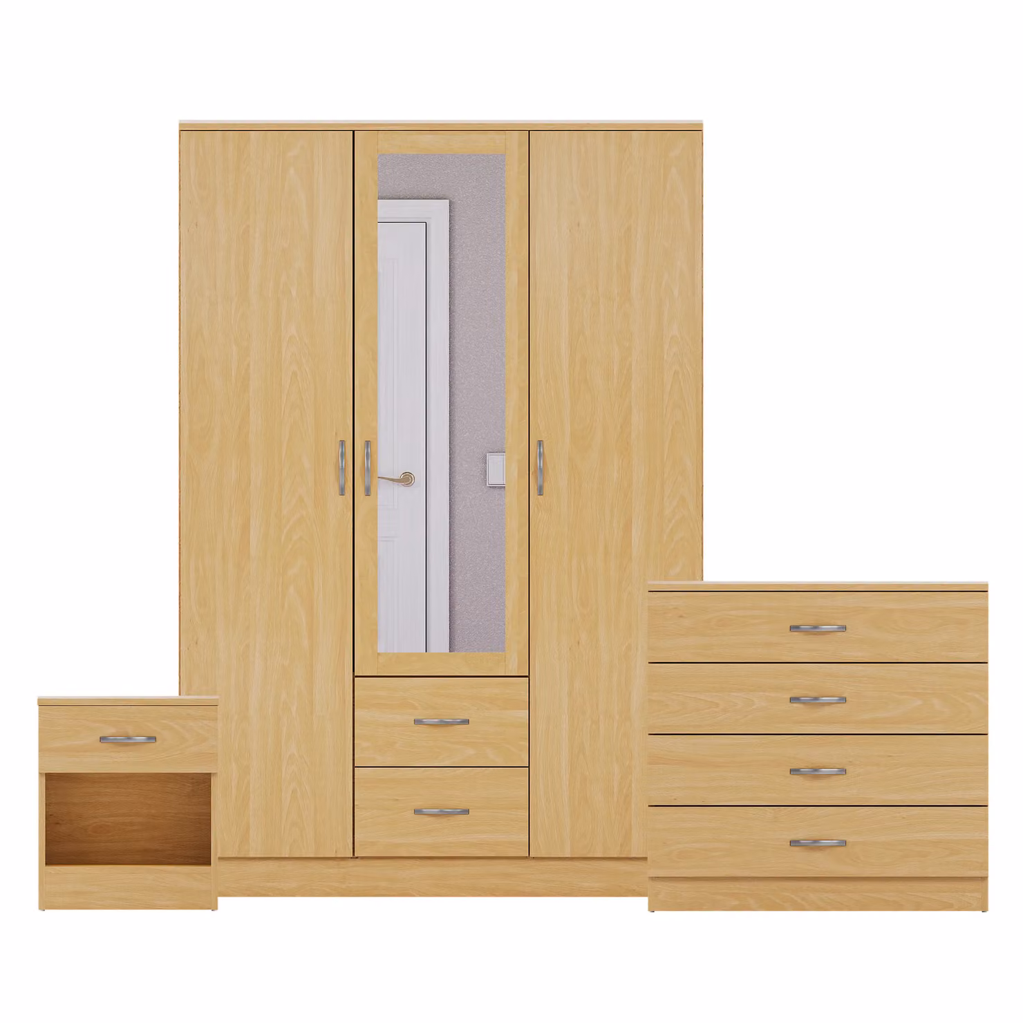 Vida Designs 3 Piece Modern Bedroom Set in Brown including Bedside Table, 4 Drawer Chest and Mirror Wardrobe – 2