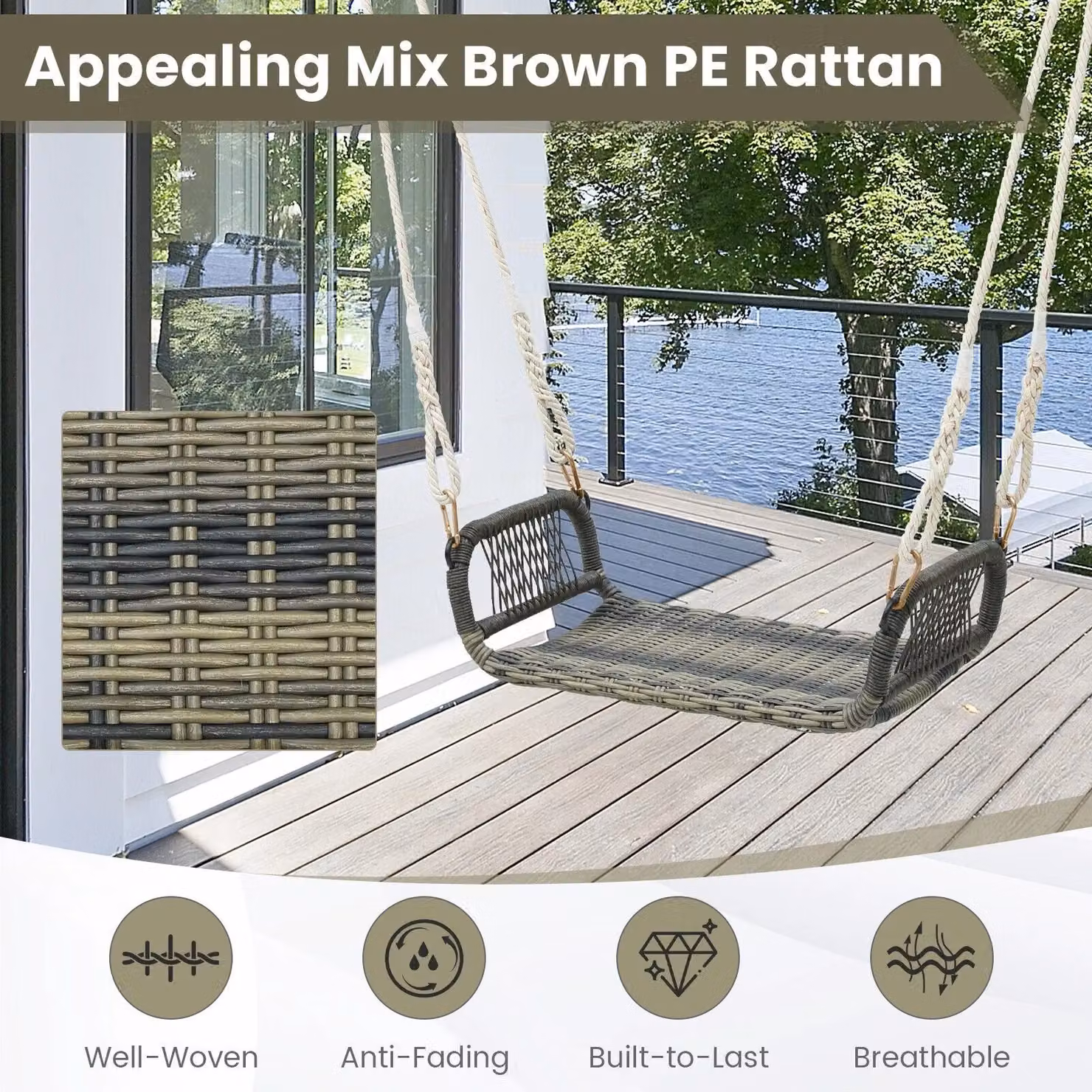 Costway Backless Rattan Woven Patio Swing Bench in Brown – 6