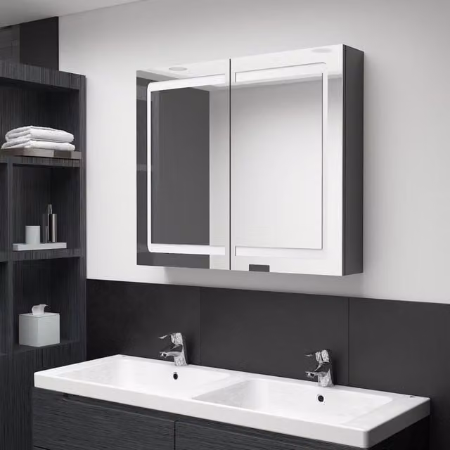 Berkfield Home LED Bathroom Mirror Cabinet in Shining Grey, W/D/H: 80 x 12 x 68 cm