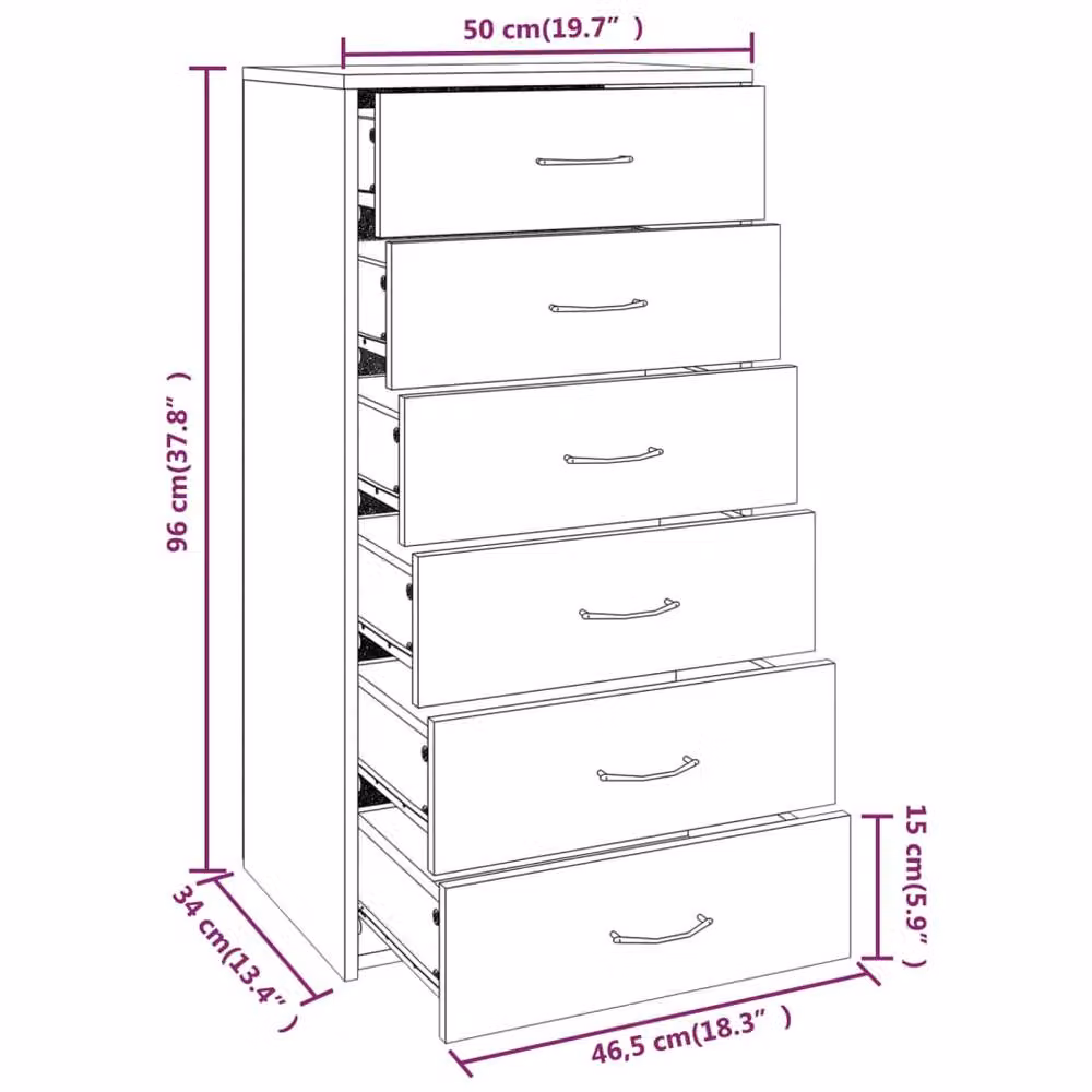Berkfield Home Grey Sonoma Sideboard with 6 Drawers, W/D/H: 50 x 34 x 96 cm – 3