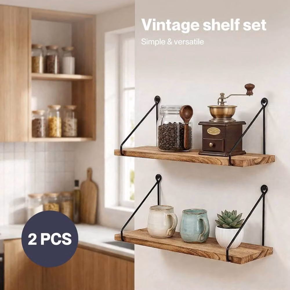 Kelvenix Set of 2 Rustic Brown Solid Wood Floating Wall Mounted Shelves, W: 100 cm x D: 100 cm x H: 100 cm – 2