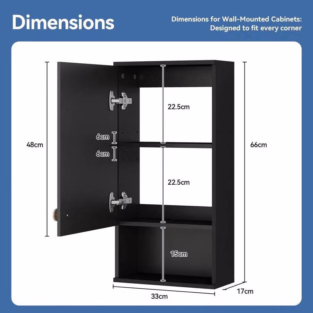 KORVIXA Modern Black Wooden Wall Mounted Bathroom Cabinet with Internal Shelves and Open Shelf, W: 60 cm, H: 60 cm, D: 60 cm – 2