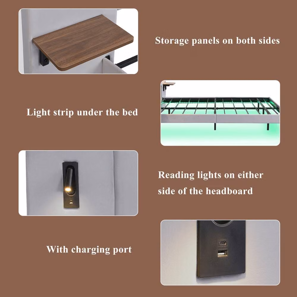 Rolipo Grey Velvet Double Bed Frame with Smart LED Lights, USB Charging Port and Storage, W/D/H: 140 x 200 x 137 cm – 5