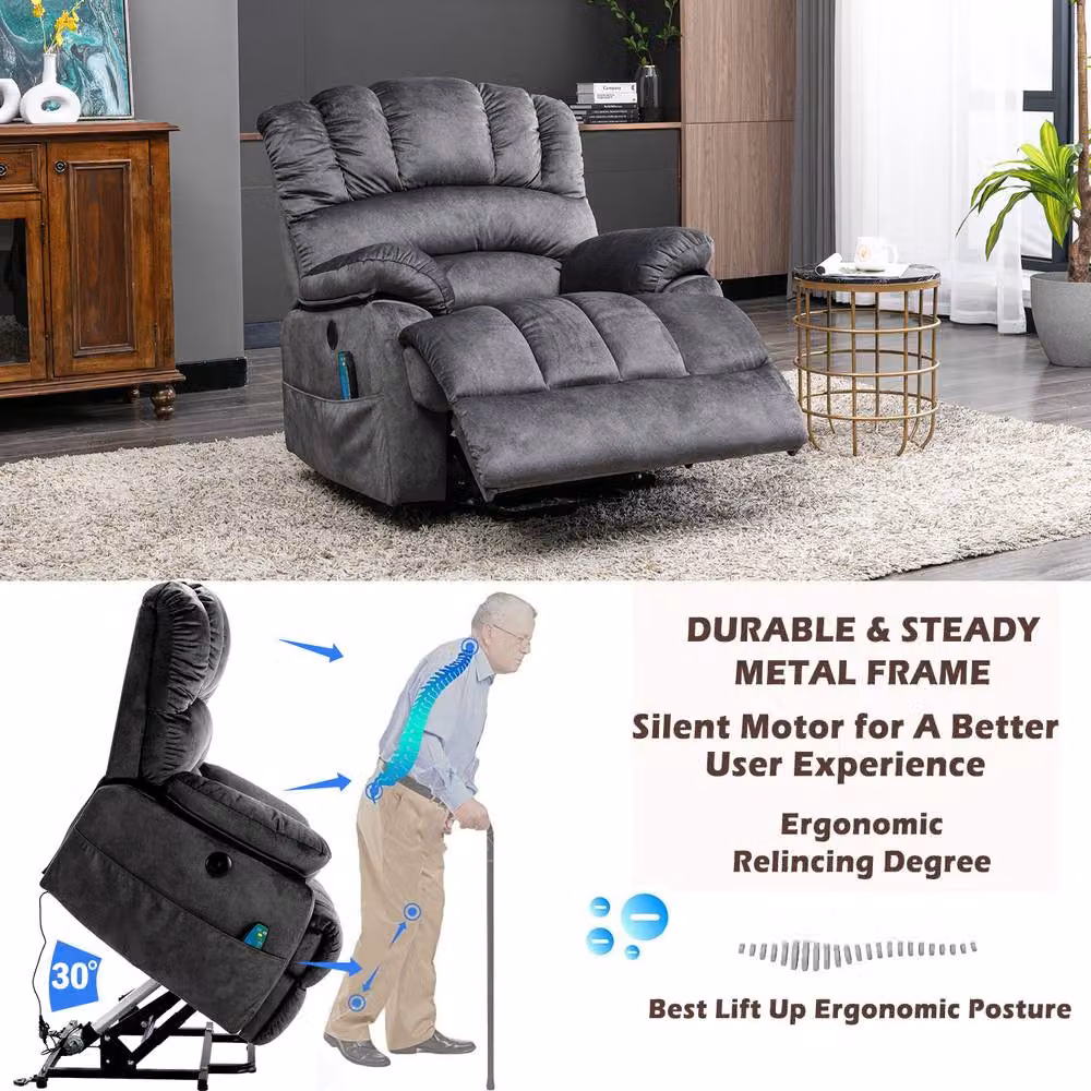 STILVORA Grey Fabric Recliner Chair with Massage, Heat, USB and Powered Lift Assist – 6