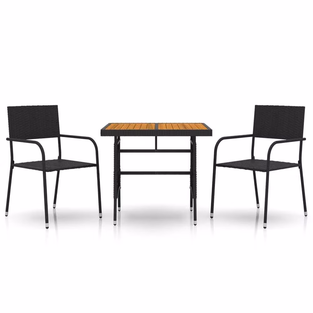 Berkfield Home 3 Piece Black Poly Rattan Outdoor Dining Set with Acacia Wood Table and Chairs – 2