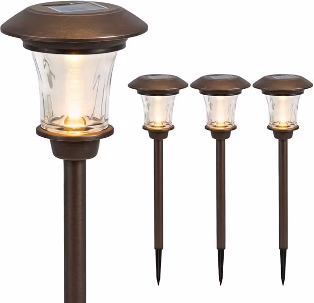 Gardenwize Pack of 4 Solar LED Metal Pathway Stake Lights in Black with Warm White Light and Dusk Sensor