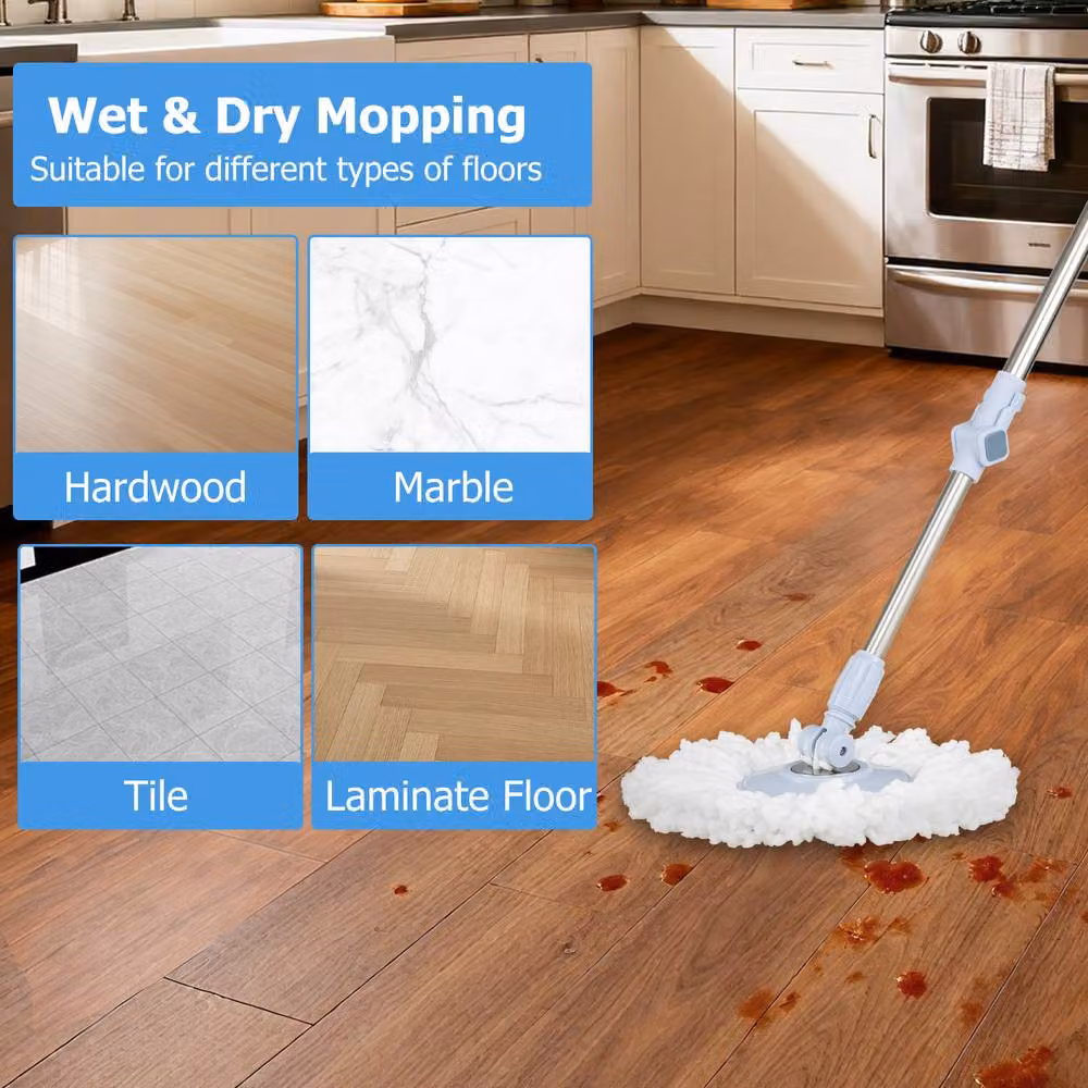 Costway Spin Mop and Bucket Set in Blue with Rectangular and Round Microfibre Mops, Dual Tank, Telescopic Handle and 14 Pads – 4
