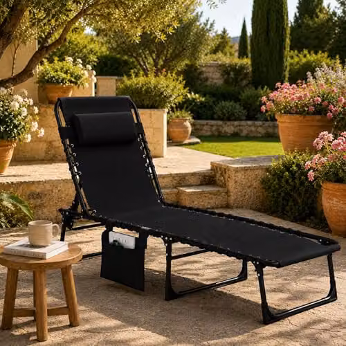 SHATCHI Black Folding Sun Lounger with 5-Position Adjustable Headrest and Textilene Fabric, W/D/H: 185 x 120 x 58 cm – 11