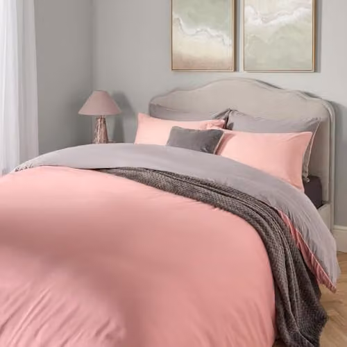 OHS Reversible Plain Microfibre Duvet Cover and Pillowcase Set in Pink and Grey, King Size (Duvet Cover: 180 x 200 cm, Pillowcases: 50 x 75 cm)
