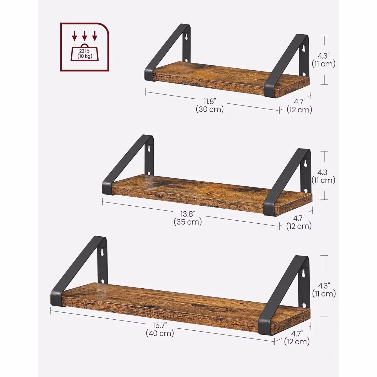 VASAGLE 3 Piece Brown Wall Mounted Floating Display Shelves and Organising Rack – 2