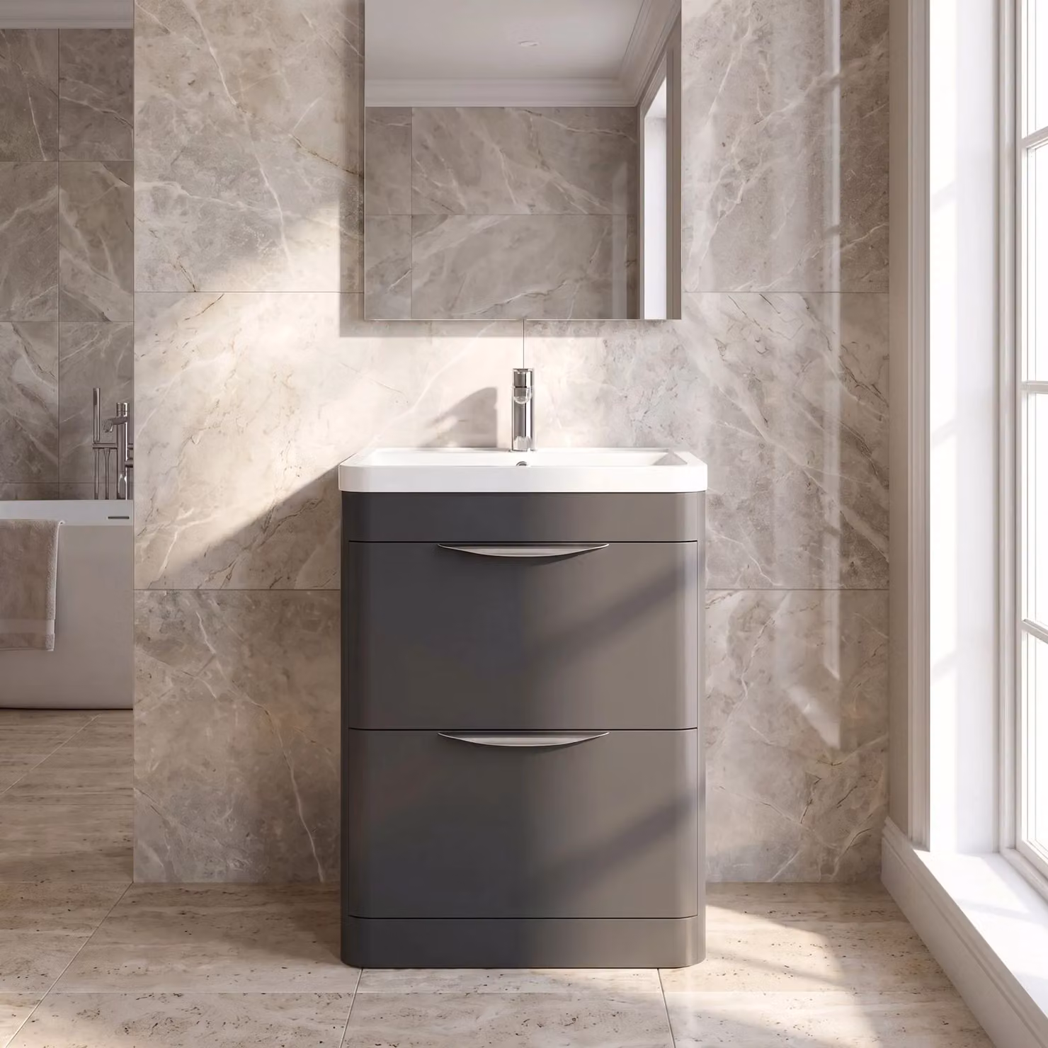 Balterley Contemporary 2 Drawer Floor Standing Vanity Unit and Basin in Dark Grey and White, W: 55 cm – 5