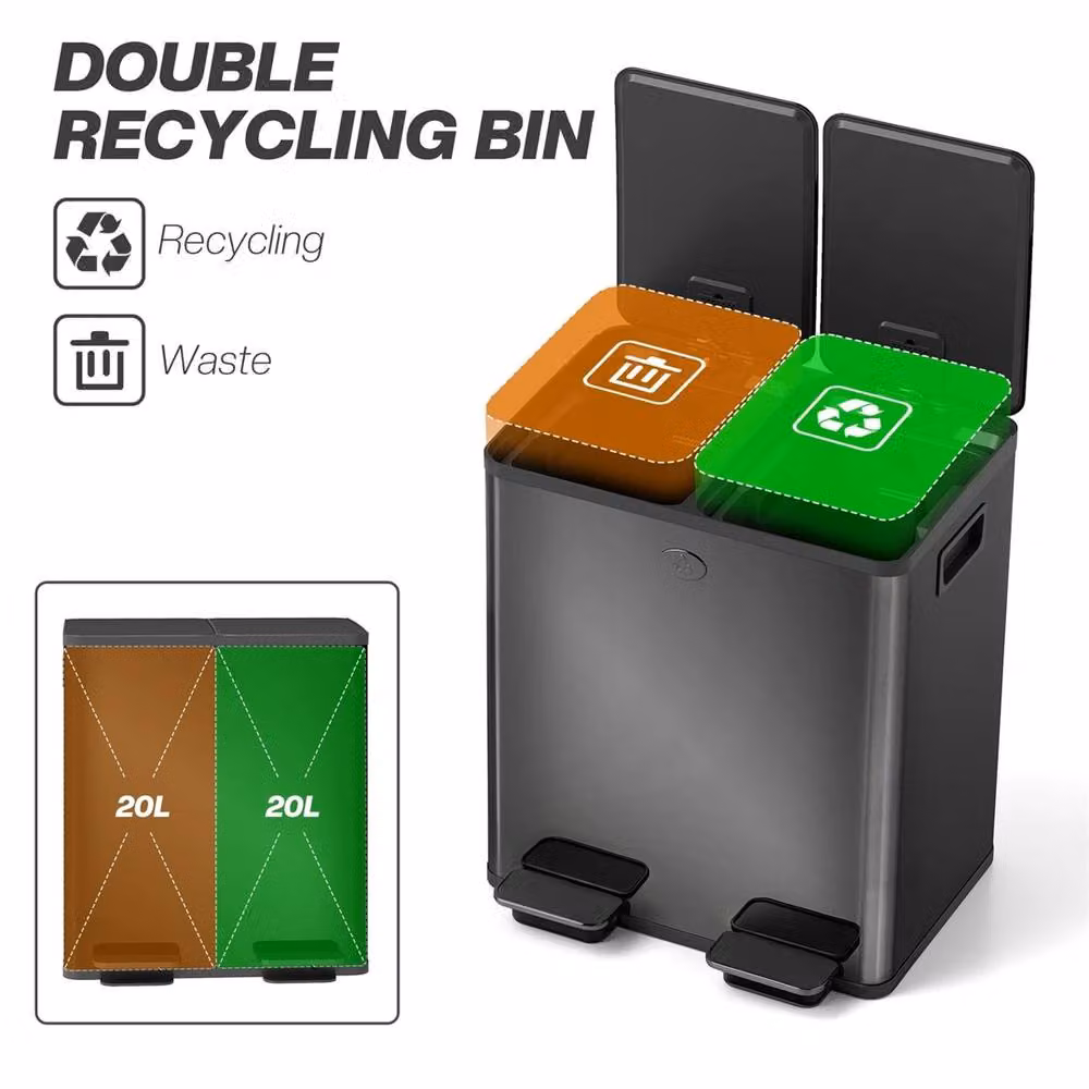 Nordara Dual Pedal Kitchen Bin for Recycling and Waste, Black, 2 x 20L – 4