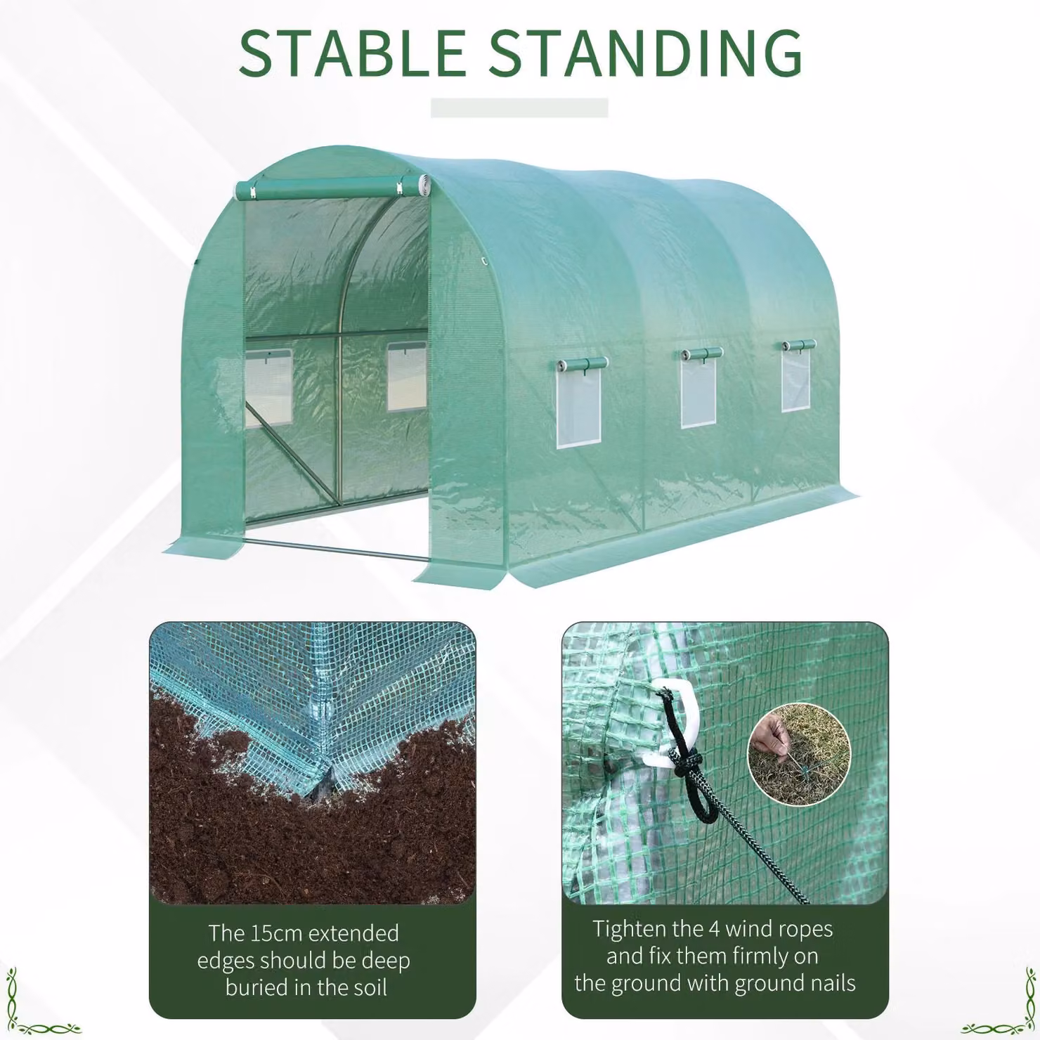 OUTSUNNY Green Walk-in Polytunnel Greenhouse with Galvanised Steel Frame, W 4 m x D 2 m x H 1.95 m – 3