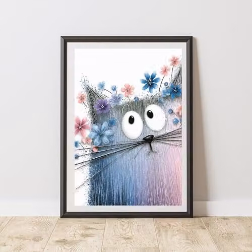 60 SECOND MAKEOVER Peeking Cat Print Poster in Pink and Blue, A4