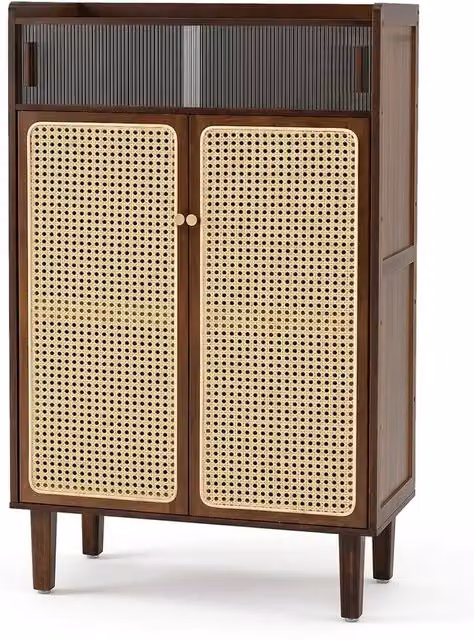 VOGREX 6-Tier Bamboo Shoe Cabinet with Sliding Rattan Doors in Brown