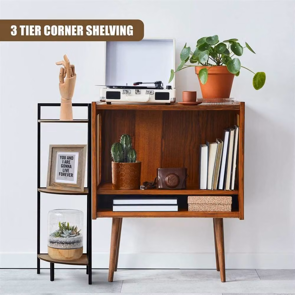 EONLION 3 Tier Freestanding Corner Shelf Unit in Brown and Black Wood and Metal – 3