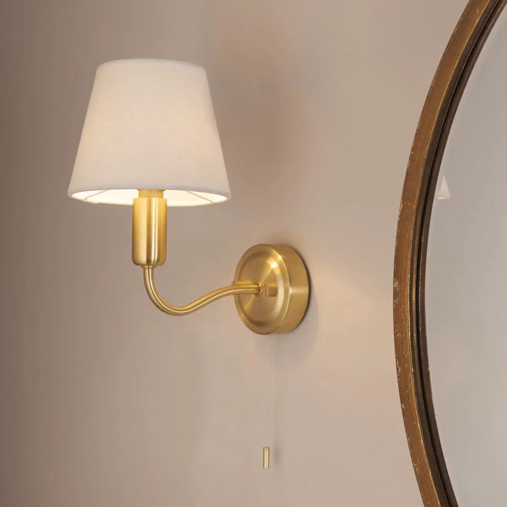 Loops Modern Bathroom Wall Light Fitting with Satin Brass Plate and Ivory Fabric Shade – 2