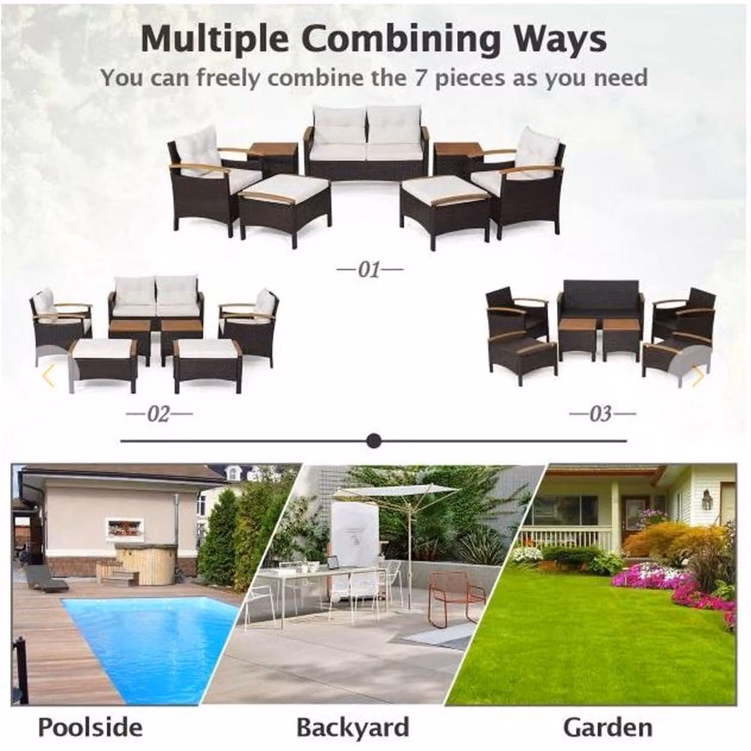 Chilli 7 Piece Black Rattan Patio Set with Cushions and Ottomans and Acacia Wood Details – 2