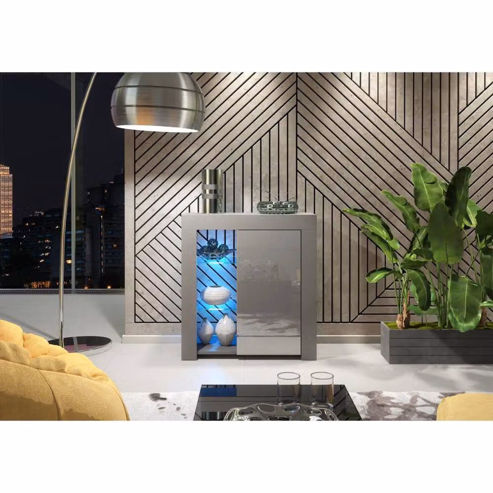 Creative Furniture Serene Sideboard in Grey with Glossy Glass Doors and Integrated LED Lighting, W: 83 cm, H: 75 cm, D: 35 cm – 2