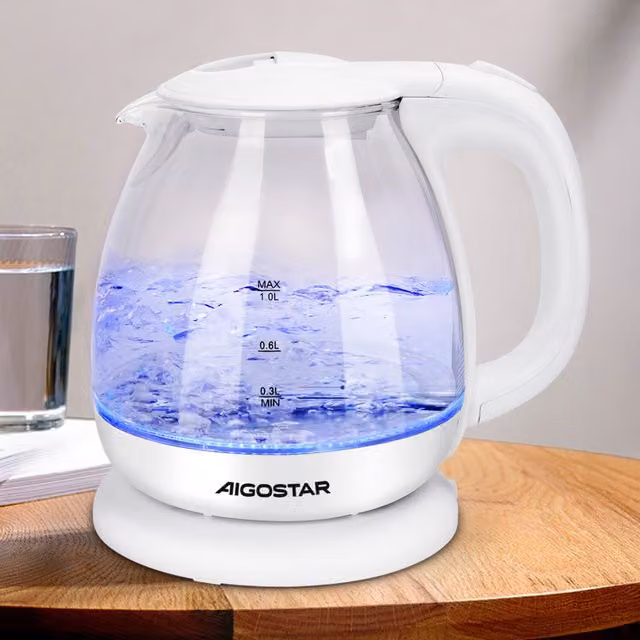Aigostar White Glass and Stainless Steel Kettle with Auto Shut-off, 2200W