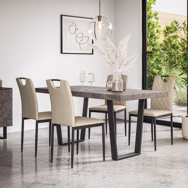 More4Homes Aria Dining Table and 4 Monza Faux Leather Chairs Set, Concrete Effect Table Top with Black Legs and Beige Chairs, W/D/H: 160 x 80 x 76 cm