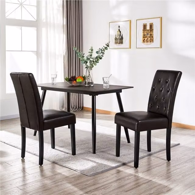 Yaheetech Set of 2 Modern Brown Faux Leather High Back Dining Chairs with Solid Wood Legs